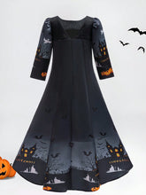 Young Girls Halloween Bat Ghost Haunted House Pumpkin Printed Satin Costume Party Princess Dress